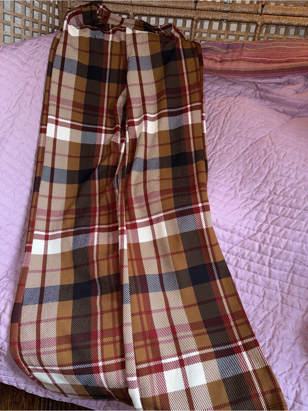 Fashion Nova Plaid Boot Cut Pants in Brown, White & Red